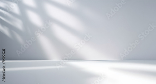 Obraz na płótnie Minimalistic abstract light gray background for product presentation with light and intricate shadow from window on wall. w salonie