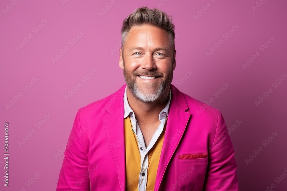Portrait of a happy mature man smiling at the camera against a pink background Portrait of a happy mature man smiling at the camera against a pink background