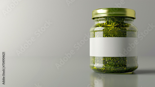 3d render of a glass jar with green pesto sauce.