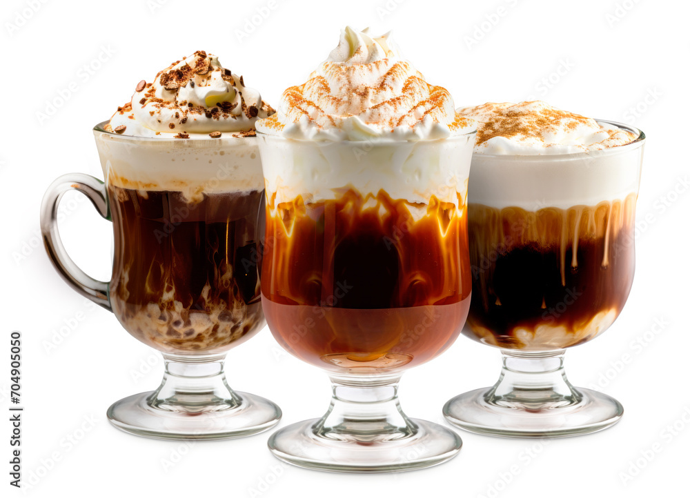 Set of Irish Coffee cocktails with whipped cream, brewed coffee and Irish whiskey Set of Irish Coffee cocktails with whipped cream, brewed coffee and Irish whiskey