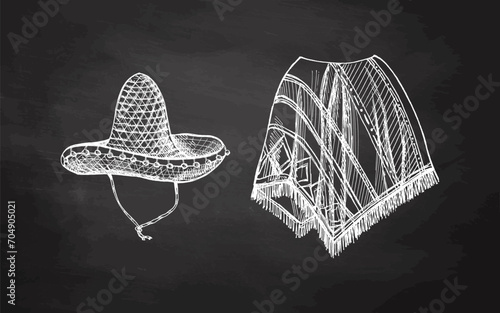 Hand-drawn sketch of realistic mexican poncho and sambrero on chalkboard background. Vintage drawing of Latin American national clothes. Mexican culture.