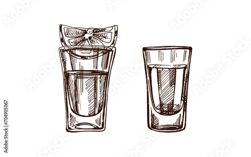 Hand-drawn shot glasses with tequila with a slice of lime. Design element for the menu of bars and restaurants, alcohol stores. Vector sketch illustration in engraving style. Mexican, Latin America.