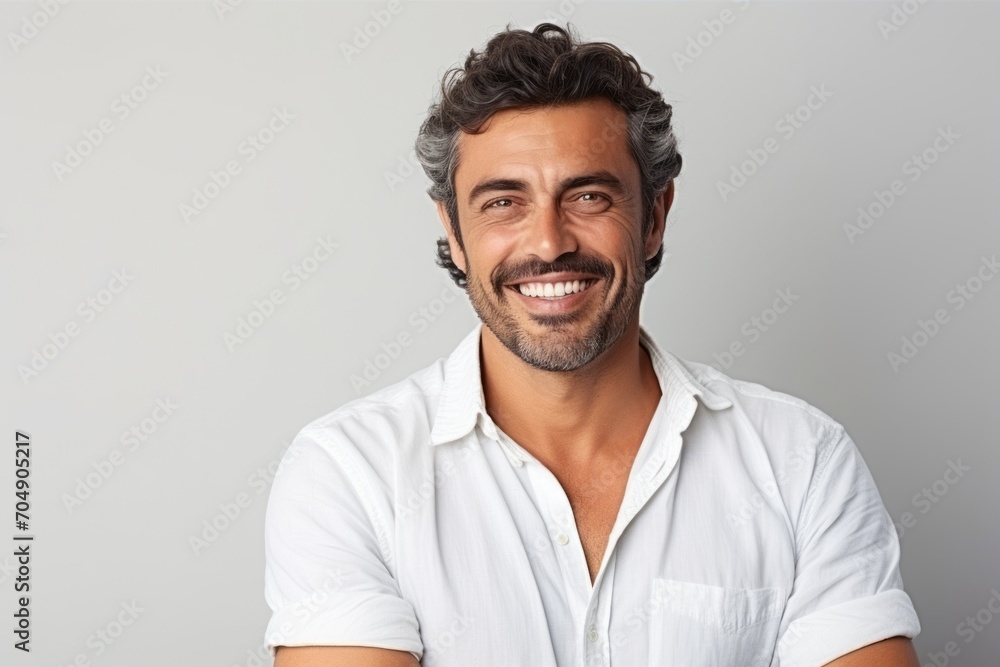 Portrait of a handsome man smiling and looking at camera against grey background