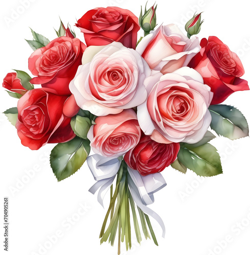 Watercolor red pink rose bouquet arrangement tied with white ribbon bow clipart for wedding valentine love theme