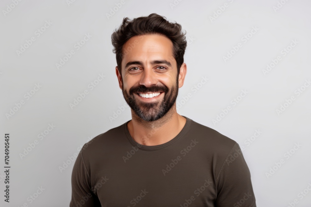 Portrait of a happy young man smiling and looking at camera against grey background Portrait of a happy young man smiling and looking at camera against grey background