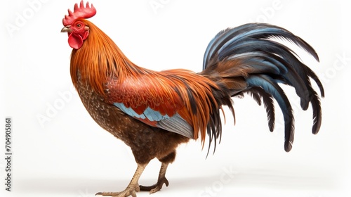 an isolated rooster, its confident stance and vibrant plumage making a bold statement against a pristine white surface. photo