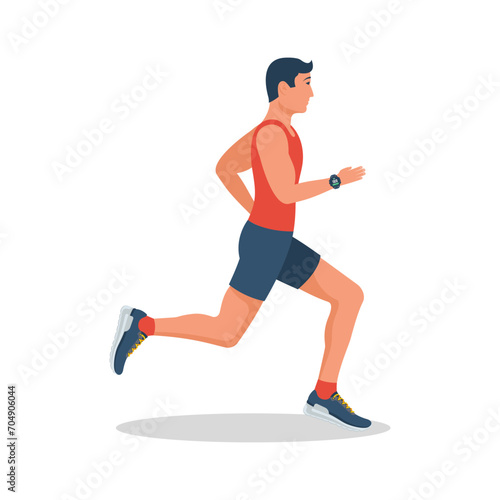 Running man, profile view. Isolated on white background. Young attractive male. Active lifestyle. Sports and fitness. Vector illustration flat design. Athletic body. Isolated on white background.