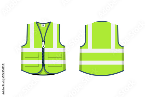 Safety jacket flat icon. Green emergency vest, front and back views. Special uniform. Reflective safety vest. Vector illustration flat design. Isolated on white background.