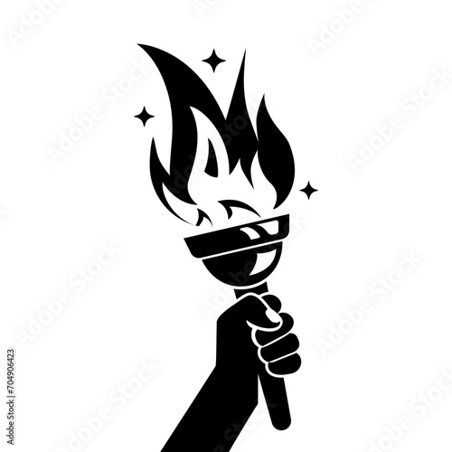 Hand with flaming torch. Sports concept victory. Winner holding golden torch in hand. Vector illustration flat design. Isolated on white background. Symbol of big games, black icon.