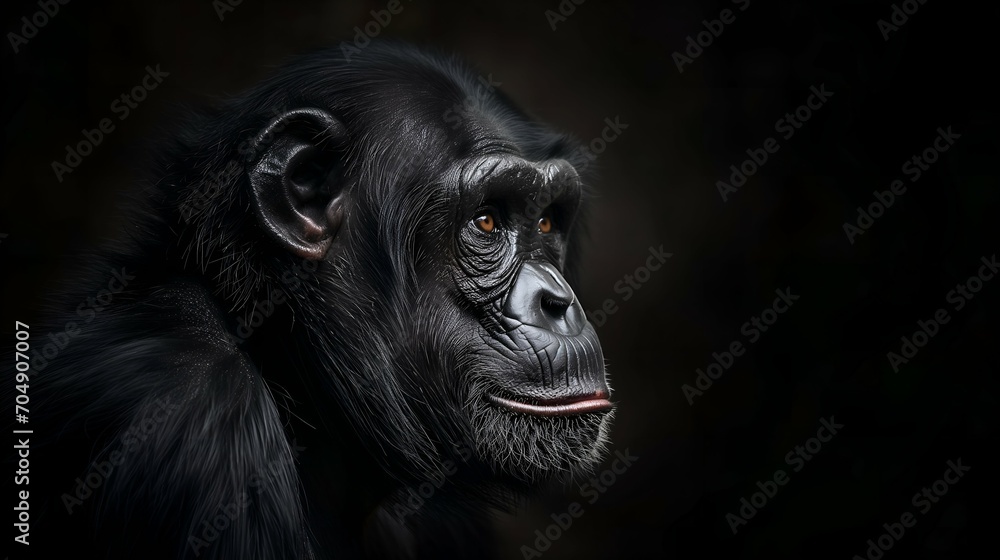 Fototapeta premium Chimpanzee on a dark background. Portrait of a chimpanzee