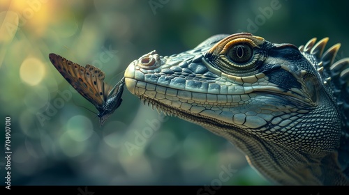 Close up of iguana with butterfly in nature background. Vintage tone.