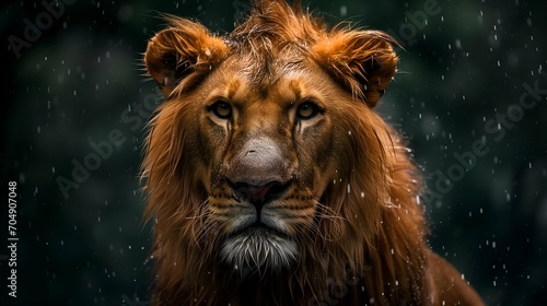 Portrait of a male lion in the rain. Wildlife scene from nature.