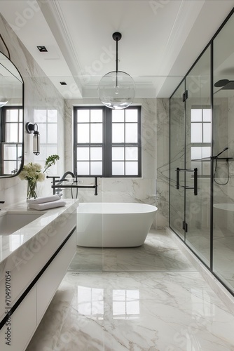 Contemporary bathroom with sleek white tub  glass shower  and natural light filtering through panoramic windows.