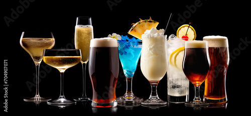Set and collection of classic alcohol cocktails or mocktail isolated on black background with fresh summer fruits