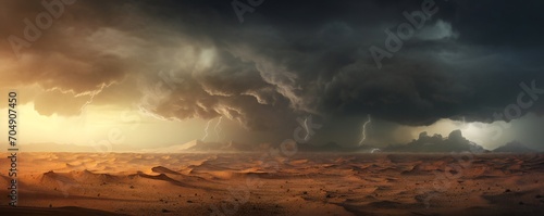 Dramatic view of heavy thunder storm coming over the desert Generative AI