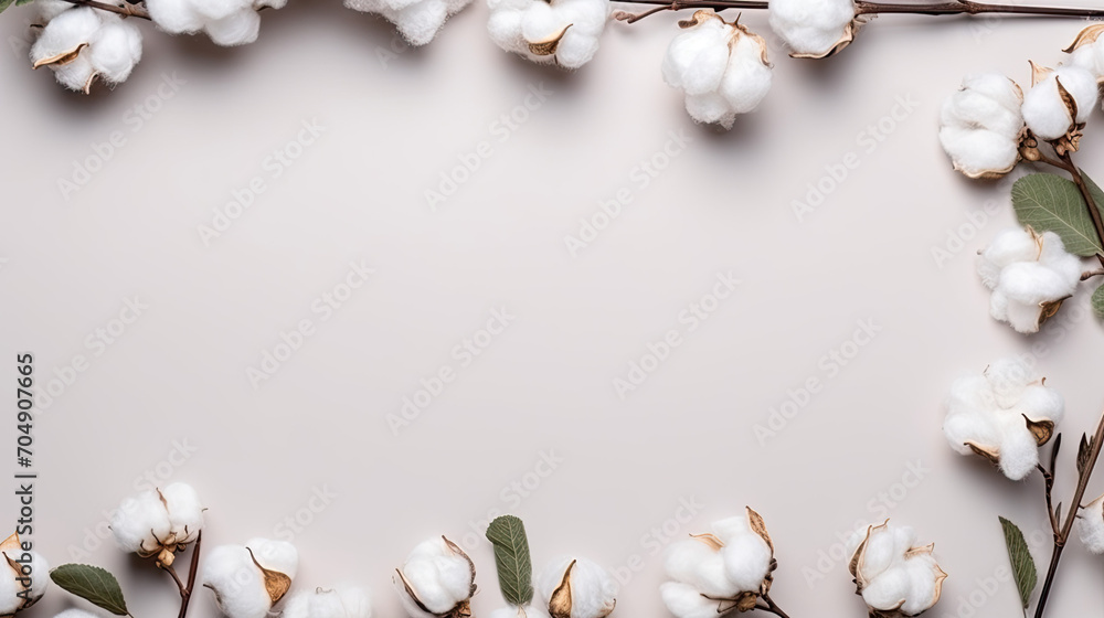 Cotton flowers on its branches on a light background, top view Cotton flowers on its branches on a light background, top view