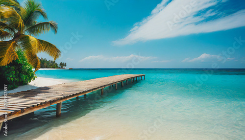 Paradise beach with a wooden pier and tropical palm trees