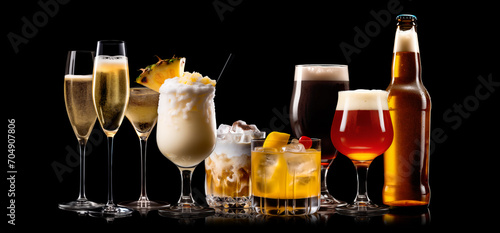 Set and collection of classic alcohol cocktails or mocktail isolated on black background with fresh summer fruits