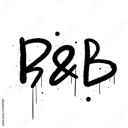 Grunge illustration of R'n'B with urban graffiti street art. Concept for DJ, podcast, rappers. Cool print for graphic tee, streetwear, hoodie. Vintage retro symbol. Nostalgia for 1980s, 1990s.