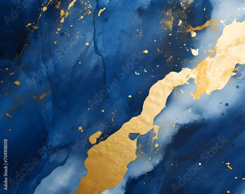 Abstract blue marble texture with gold splashes background