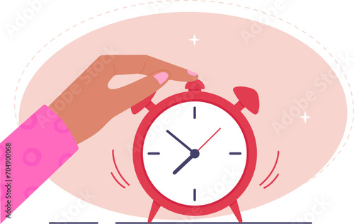 Woman turns off the alarm clock. A person presses a button to snooze an alarm. Vector illustration
