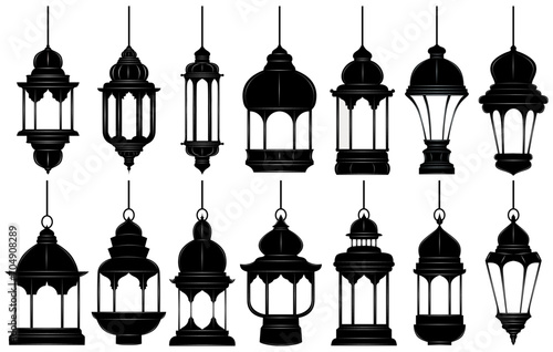 Set black Arabic lanterns silhouette icon. Ramadan hanging lamps islamic symbol design vector Illustration