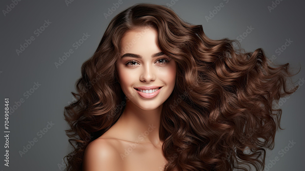 Studio portrait of a happy an smiling woman with curly hair 