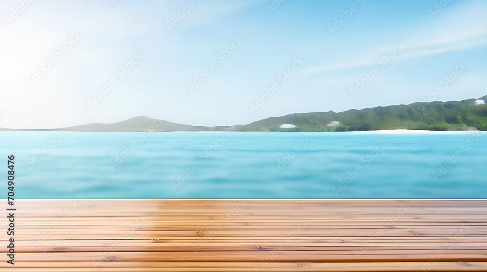Empty bamboo table top with blurred sea bg