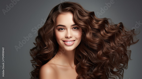 Studio portrait of a happy an smiling woman with curly hair 