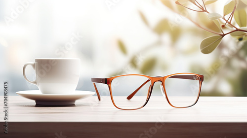 Glasses with a cup of coffee on a table, freelancer work  © reddish