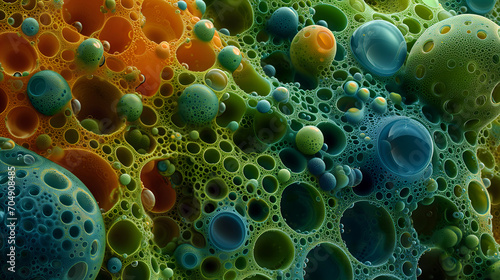 Close-up view of intricate multicolored green and orange bubbles forming a vibrant organic pattern