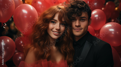 Portrait of elegant couple among red balloons