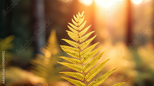 Fern branch in the forest at sunset, nature background 