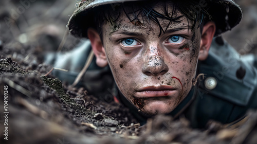 Young teen soldier with piercing blue eyes and mud-splattered face in the field