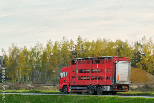 Quadro em tela A livestock truck carries caged farm animals on a highway in Europe