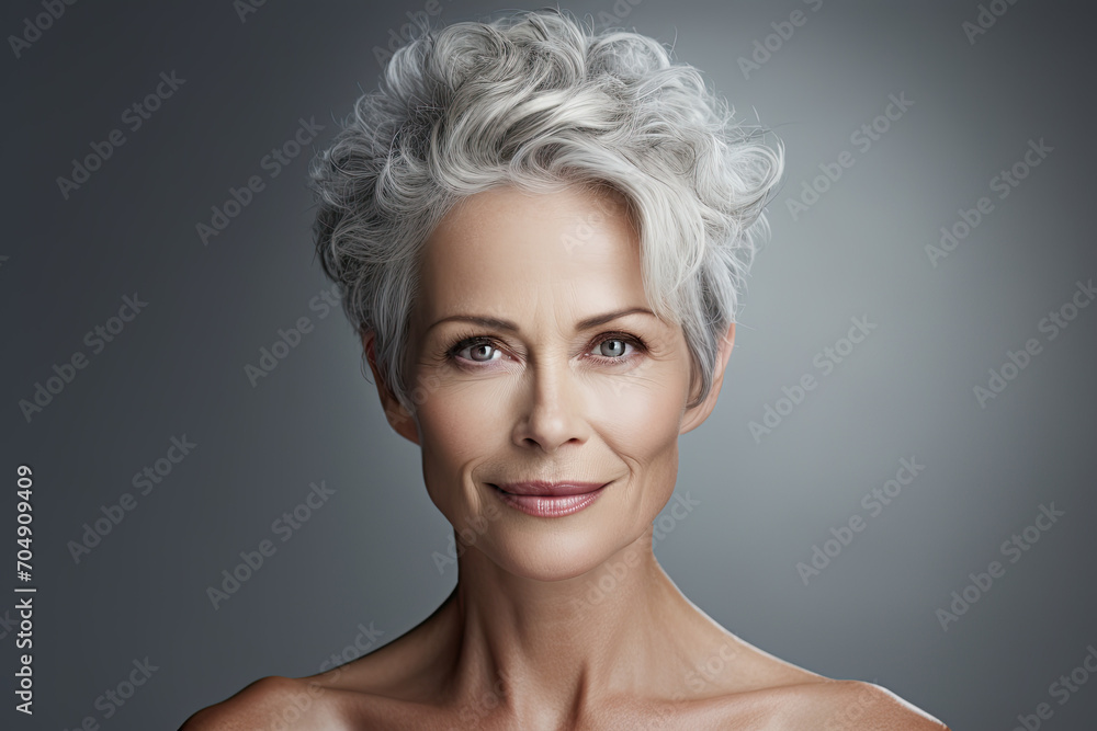 Portrait of old woman with perfect clear skin, good beauty habits, mature beautiful woman 