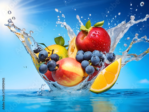 Various fresh fruits  water splashes  isolated on blue background.