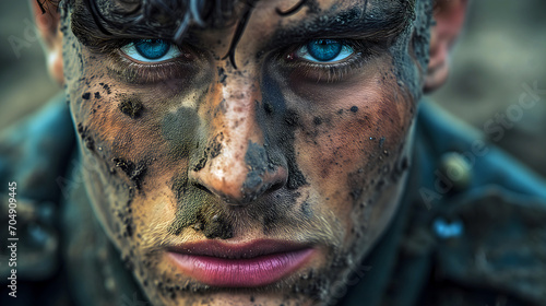 Young soldier with piercing blue eyes and a face smeared with mud, closeup photo
