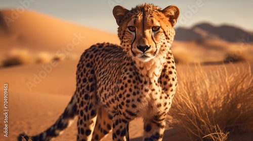 Close-up of a beautiful cheetah in the wild desert against the background of nature on a sunny day.