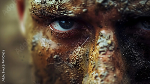 Closeup of a man with an intense gaze, mud and sweat on face photo