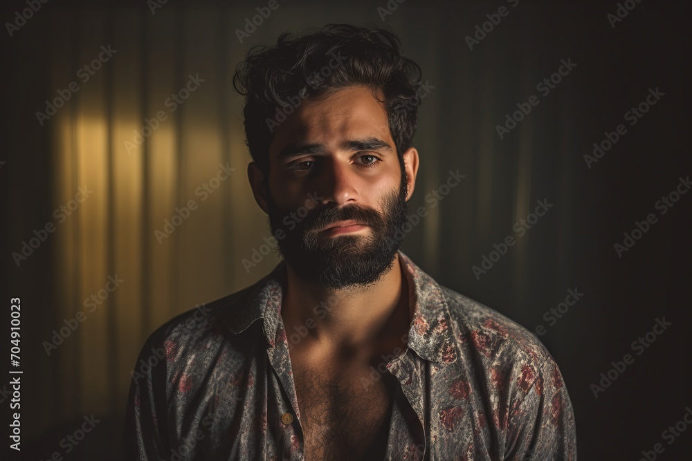 Portrait of a handsome bearded man looking at the camera in a dark room Portrait of a handsome bearded man looking at the camera in a dark room
