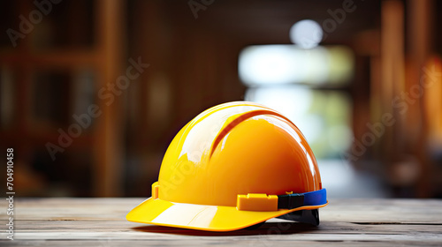 Safety hat of workers on a table, blue background, concept of a construction, place for a text 