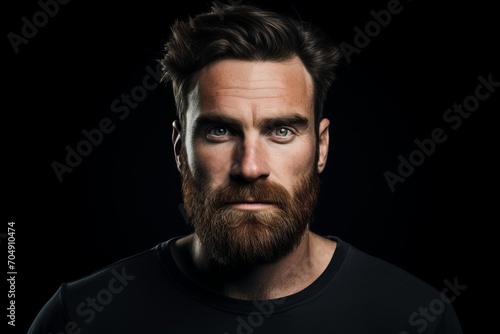 Portrait of a handsome man with long beard and mustache on black background