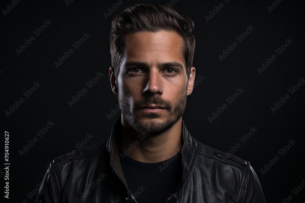 Portrait of a handsome young man in leather jacket. Men's beauty, fashion.