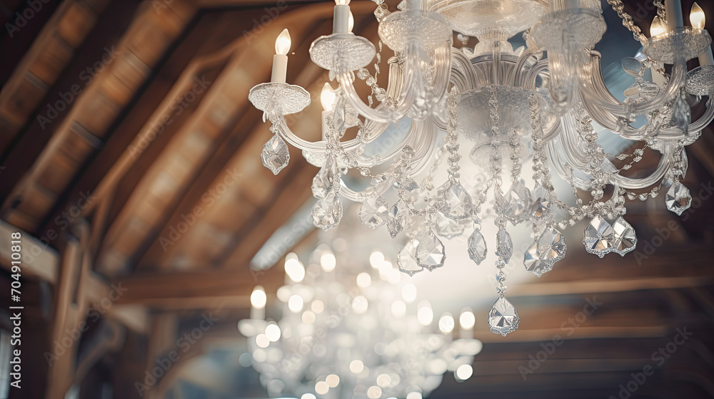 Luxurious chandelier with white natural crystal stone, chandelier hanging from ceiling. 