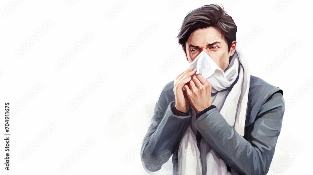 Sick man blowing his nose with handkerchief, Sneezing, Common Cold Sick man blowing his nose with handkerchief, Sneezing, Common Cold