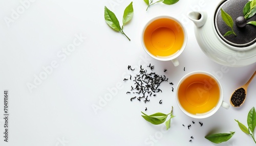 Wallpaper Mural Asian tea concept, two white cups of tea and teapot surrounded by dry green tea leaves, space for text on white background, Japanese tea ceremony interior in traditional style. Torontodigital.ca