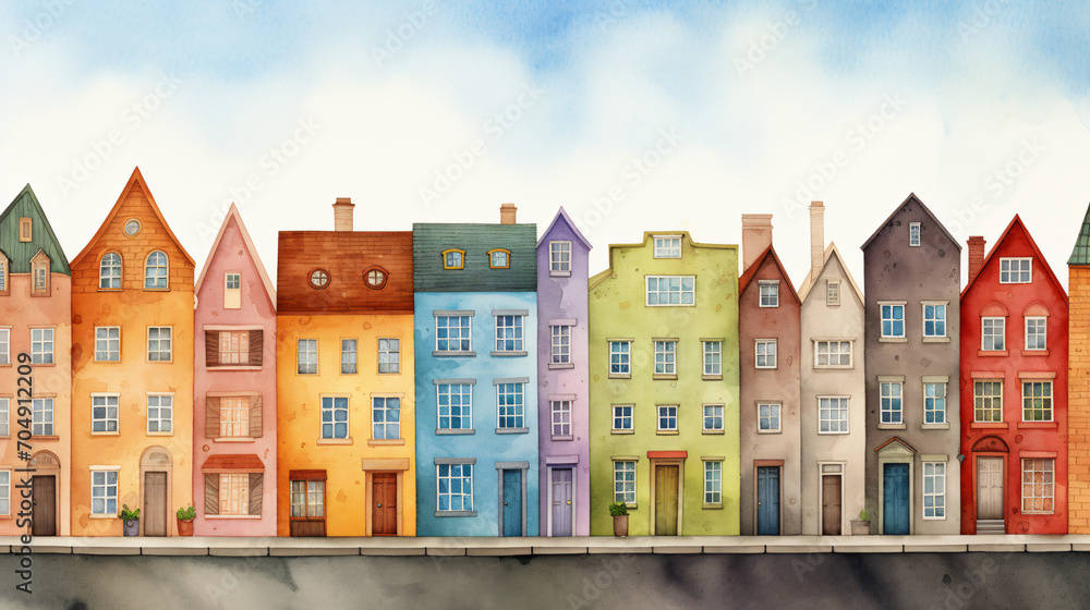 A row of colorful watercolor houses