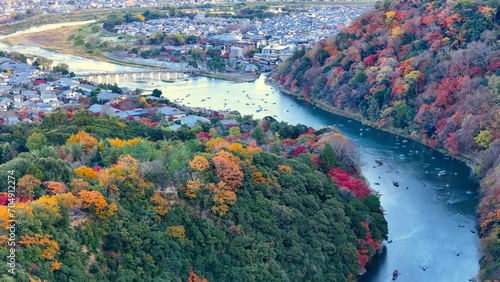 Aerial view of autumn mountain and river in Arashiyama, Kyoto photo