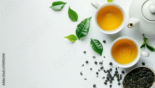 Asian tea concept, two white cups of tea and teapot surrounded by dry green tea leaves, space for text on white background, Japanese tea ceremony interior in traditional style.